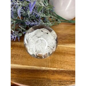 Vintage White Swirl Art Glass Paperweight Clear Spherical Desk Decor 1.5"